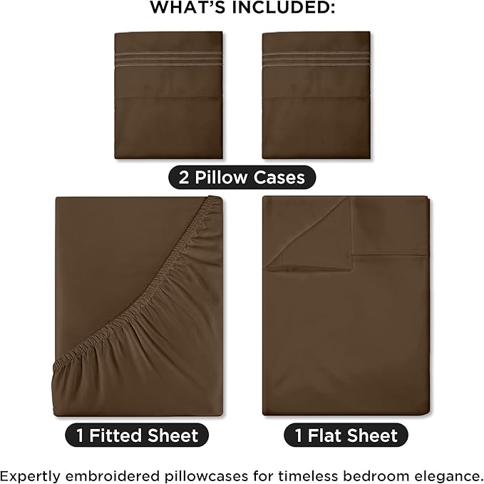 ROYALE LINENS 4 Piece Cal King Sheets Set - Soft Brushed 1800 Microfiber - 1 Fitted, 1 Flat Sheet, 2 Pillowcases - Wrinkle Free & Fade Resistant - Hotel Luxury Bed Sheets (Chocolate Brown, Cal King)