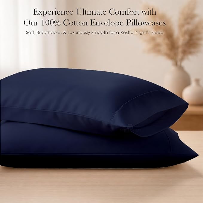 400 Thread Count 100% Egyptian Cotton Queen Size Pillowcases Set of 4, Soft & Breathable Sateen Weave, Envelope Closure, Hotel Luxury Bed Linen, Durable & Fade Resistant, 20"x30", Navy Blue