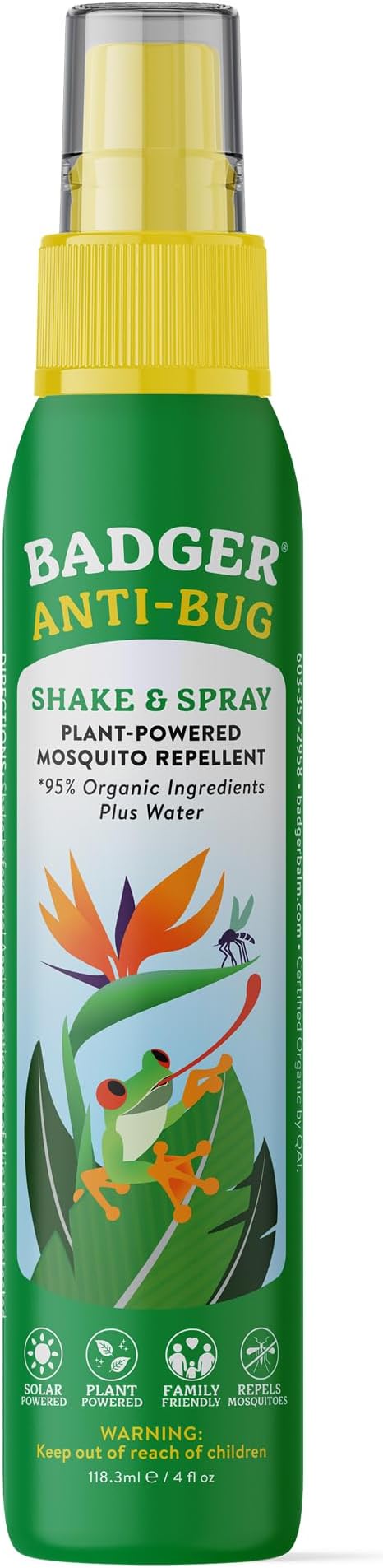 Badger Bug Spray, 3-Hour DEET-Free Mosquito Repellent, Family Friendly, Citronella & Organic Essential Oils, Natural & Vegan Insect Repellent Spray, 4 fl oz Aluminum Bottle