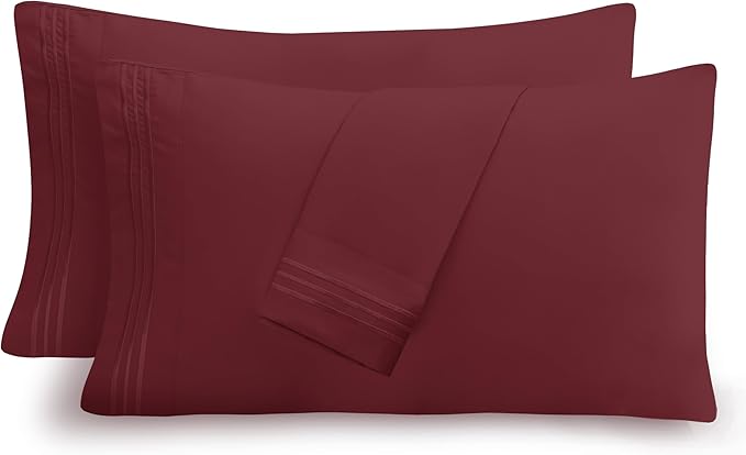 Mocassi 2-Piece Premium Standard/Queen Pillowcase Set 1800 Series Hotel Quality Microfiber - Soft and Breathable with 3-Line Embroidery Wrinkle and Stain Resistant, Easy Care, 20" x 30", Burgundy