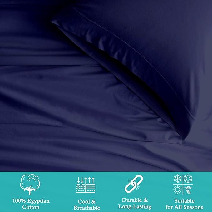 King 4 Pc Sheet Set 600 TC Egyptian Cotton Sheets King Size Cotton Sheets for King Size Bed Sateen Long Staple Deep Pockets Flat Fitted Pillow Case Better Than Percale Navy Blue