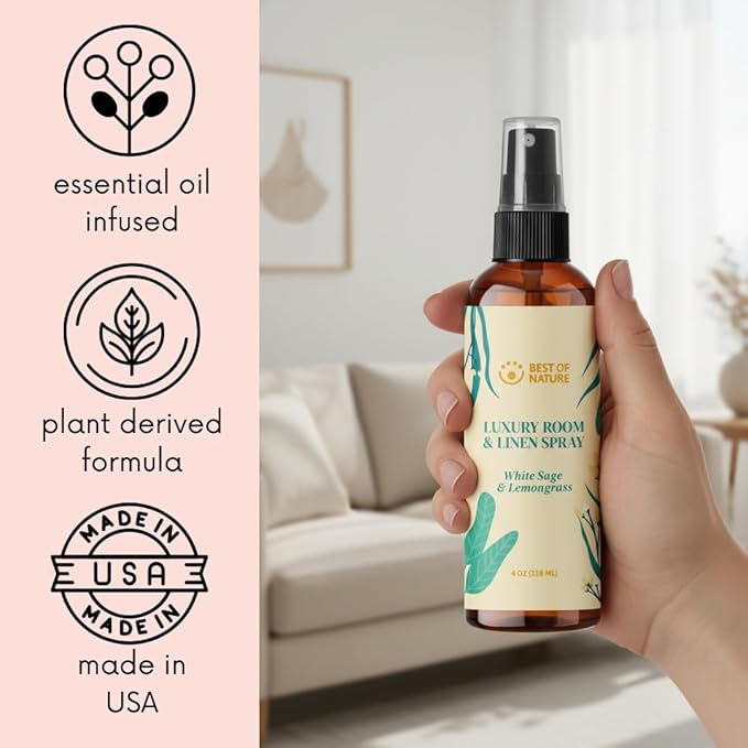 Best of Nature White Sage & Lemongrass Luxury Room & Linen Spray: 100% Natural Clearing Sage Spray for Freshening Rooms, Cleansing Energy, and Refreshing Linens - Pure Essential Oil Air Freshener