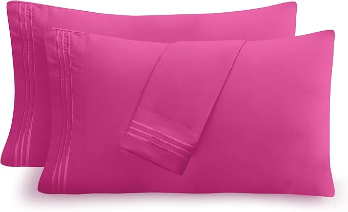 Mocassi 2-Piece Premium Standard/Queen Pillowcase Set 1800 Series Hotel Quality Microfiber - Soft and Breathable with 3-Line Embroidery Wrinkle and Stain Resistant, Easy Care, 20" x 30", Hot Pink