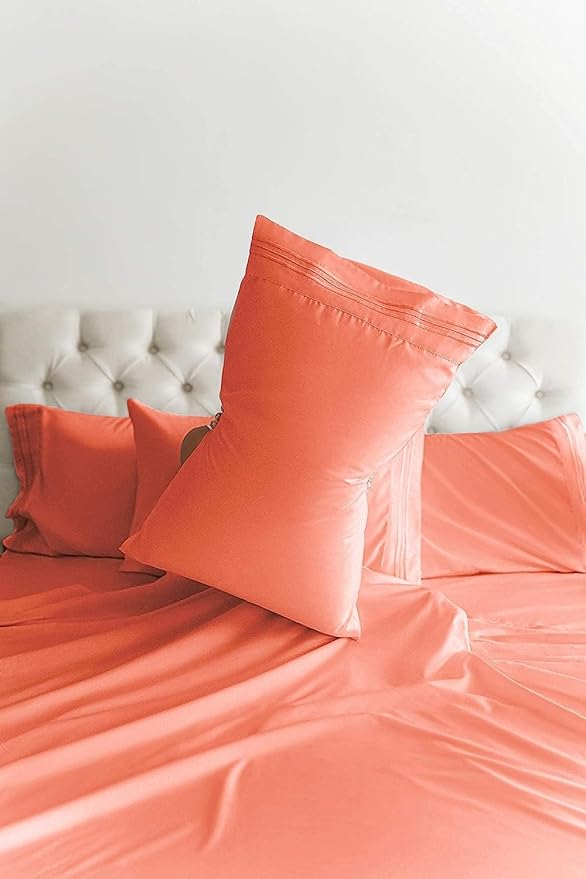 Cal King 6 Piece Sheet Set - Comfy, Breathable & Cooling - Hotel Luxury Bedding for Women, Men, Kids, Teens & Children - 1 Flat & 1 Fitted Sheet & 4 Pillowcases w/ Deep Pockets - Wrinkle Free - Coral