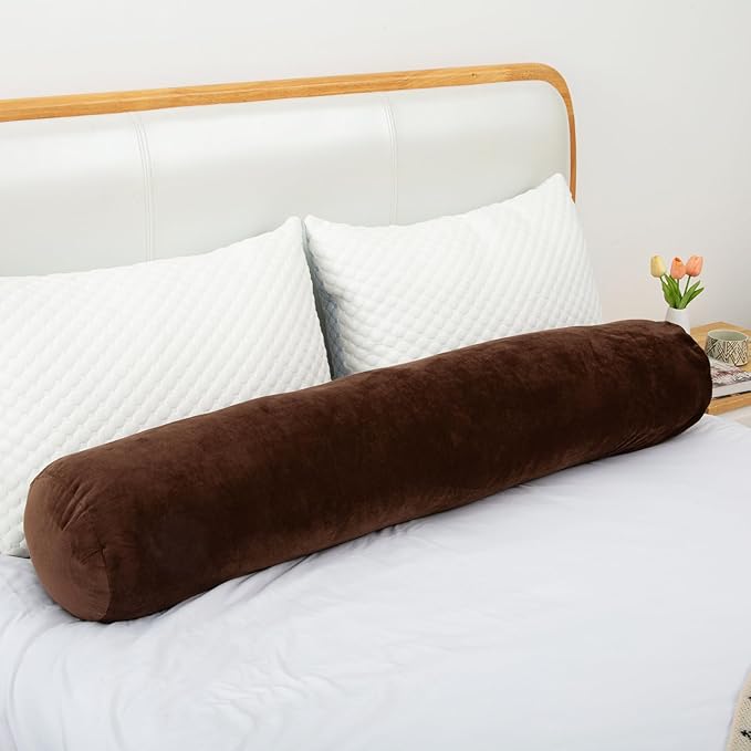 1 MIDDLE ONE Round Body Pillow for Adults, Long Bolster Pillow for Bed with Removable Velvet Cover, Decorative Tube Roll Cylinder Pillow, 35 x 7.87 Inch, Coffee