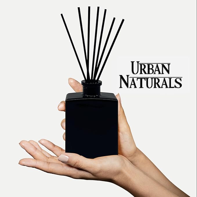 Urban Naturals Crisp Alpine Air Reed Diffuser Set with Eucalyptus, Citrus, Vanilla, Pine & Balsam Notes – 5 Ounce Sleek Black Rectangular Refillable Glass Bottle – Made in the USA