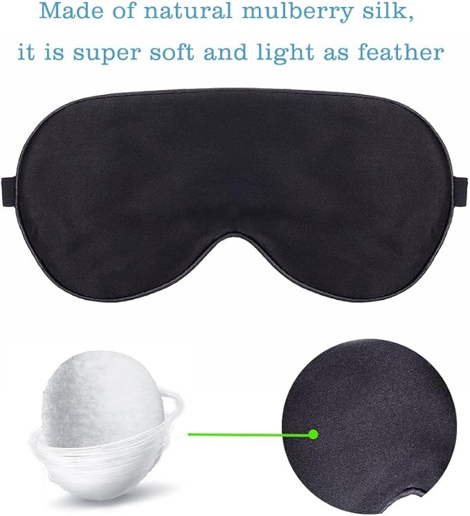 FMS Natural Silk Sleep Mask Blocks Light Completely, 2 Packs Soft Lightweight Eye Mask with Adjustable Strap Best for Travel, Meditation, Shift Work and Daytime Napping (Black)