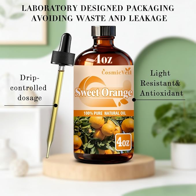 Sweet Orange Essential Oil Sweet Orange Oil for Aroma Diffuser,Humidifier,Home Fragrance,Cleaning,Body Care,Massage,Yoga,DIY Candle,DIY Soap CosmicVeil（Sweet Orange，4 Fl Oz (Pack of 1)）