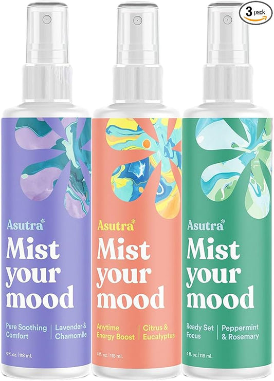 Asutra Multi-Use Natural Aromatherapy Essential Oil Room Spray, Calming Linen & Pillow Mist, 3 Scent Variety Pack for Sleep & Bed, 4 fl oz