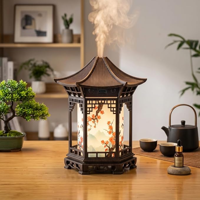 Essential Oil Diffusers, Chinese Lantern Essential Oil Diffuser & Night Light - 160ml 2-in-1 Humidifier With Dual Color Temperatures & Adjustable Mist Modes, Brown, Diffusers, Aroma Diff