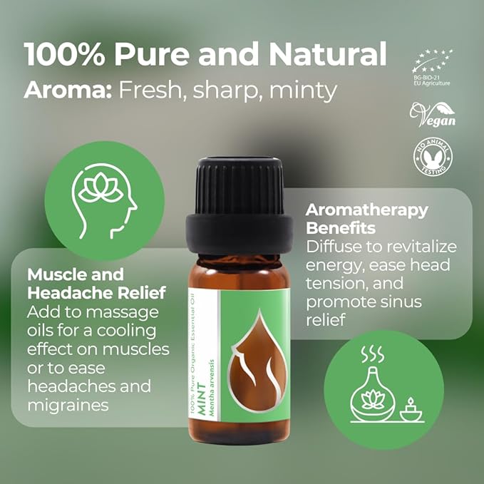 Organic Mint Essential Oil 1/3 Fl Oz (10ml) Mentha arvensis - 100% Pure Natural and Undiluted Therapeutic Aromatherapy Diffuser Fresh Aroma Muscle Cooling Massage Head Tention Relief