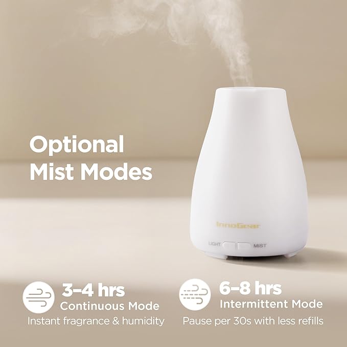 InnoGear Essential Oil Diffuser, Ultrasonic Diffusers for Home Aromatherapy Humidifier for Mother's Gift Bedroom Room 7 Colors LED 2 Mist Mode Auto Off, Basic White