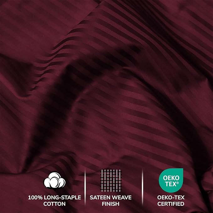 Feather & Stitch 500 TC King Size Damask Bed Sheet Set, 100% Cotton Soft Breathable Bedsheets, 4 Piece 18" Deep Pockets Sateen Weave Striped Bedding Mattress Resort Hotel Luxury- (Burgundy Stripe)