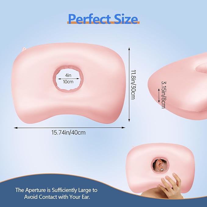 Ear Piercing Hole Pillows Side Sleeper Pillow with an Ear Hole for CNH Side Sleepers and Ear Inflammation Pressure Sores, Adjustable Cotton and Polyester Curved Side Pillow, Light Pink Silk
