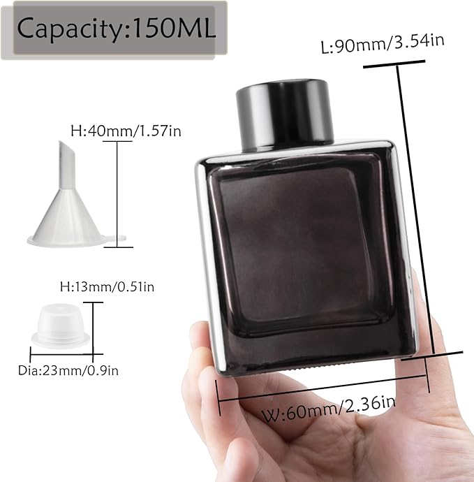 4PCS Empty Glass Diffuser Bottles,150ML/5.29Oz Anthracite Gray Refillable Fragrance Set with 20pcs Reeds Sticks & Black Caps & stoppers & Funnels for DIY Essential Oil