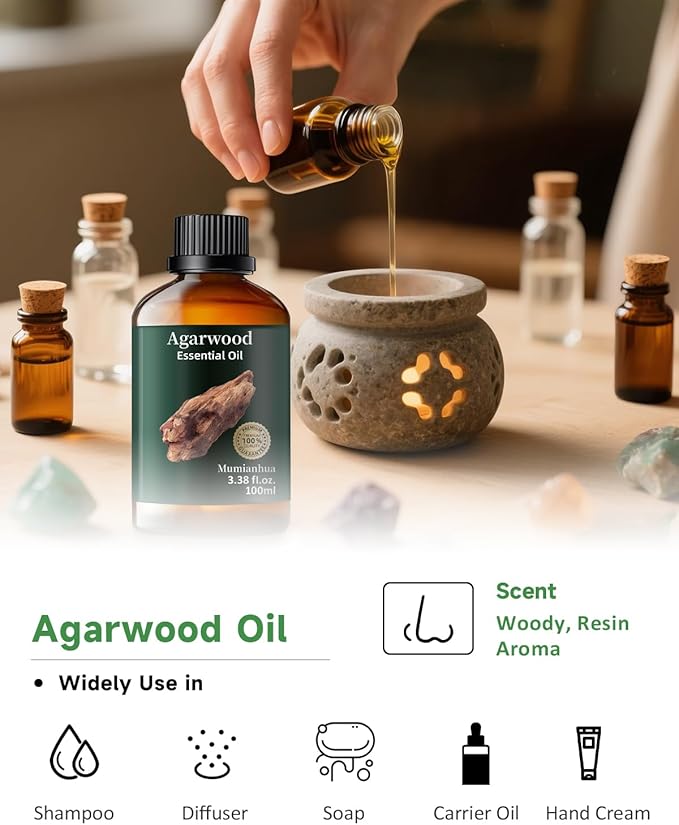 Agarwood Essential Oil, Mumianhua Pure Oud Oil, Luxurious Woody Essence for Aromatherapy, Reed Diffuser, Meditation, Perfumery & Mind Wellness, 3.38 Fl Oz