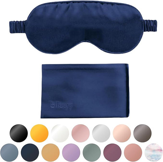 Blissy Silk Sleep Mask - Eye Sleeping Mask for Women & Men for Total Blackout - 100% Pure Mulberry Silk, 22 Momme 6a Fibers - Blindfold Sleep Mask Side Sleeper Eye Cover (Blue)