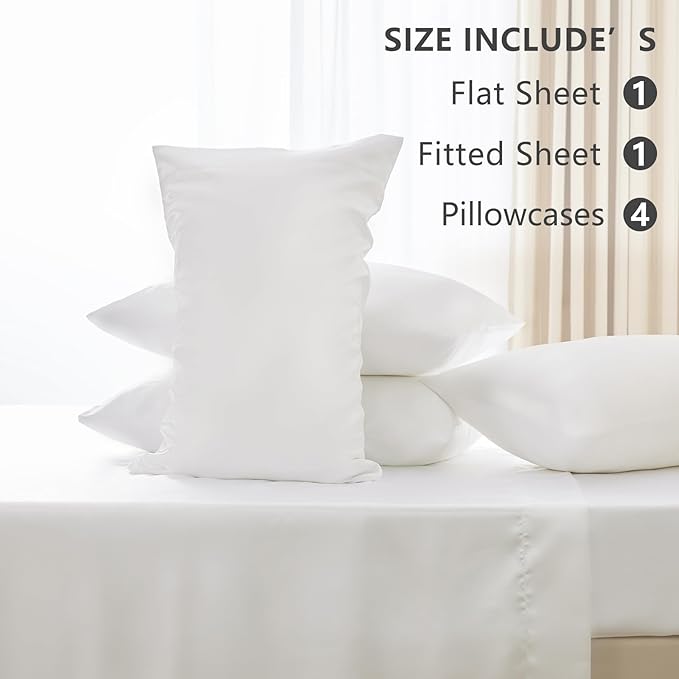 CozyLux Satin Sheets King Size Sheet Set - 6 Piece Silky King Sheets, Luxury White King Bed Set with Smooth and Soft Microfiber, Includes 1 Fitted Sheet, 1 Flat Sheet and 4 Pillowcases