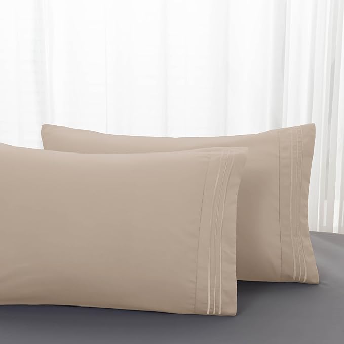 Mocassi 2-Piece Premium Standard/Queen Pillowcase Set 1800 Series Hotel Quality Microfiber - Soft and Breathable with 3-Line Embroidery Wrinkle and Stain Resistant, Easy Care, 20" x 30", Cream