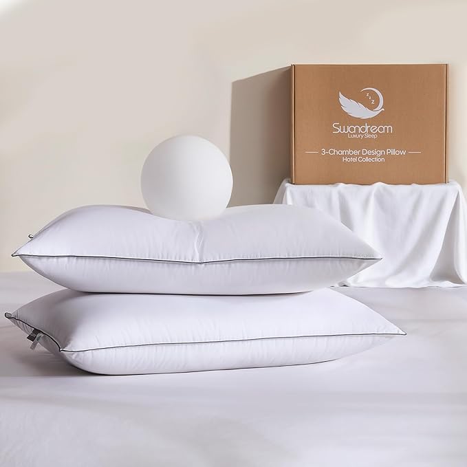 Goose Feather and Down Bed Pillows Queen Size Set of 2, Luxury 3-Chamber Pillows with Soft & Down-Proof Cover, Fluffy Plush Hotel Bed Pillows for Side, Back & Stomach Sleepers