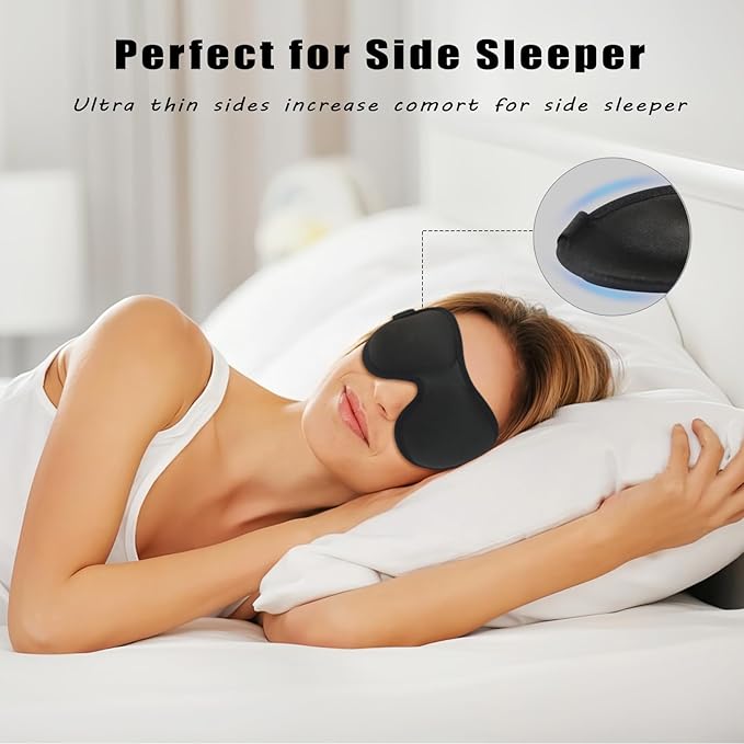 Sleep Mask for Women Men 3D Contoured Sleeping Eye Mask Adjustable Strap Blindfold Soft Eye Shade Cover (Black 1 Pc)