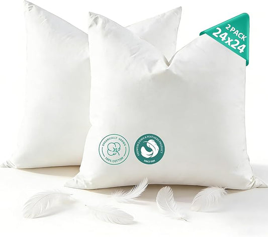 APSMILE Organic Cotton Goose Feather Down Plus Throw Pillow Inserts, 24x24 Inch Set of 2, Soft Supportive Square Decorative Pillow Forms for Couch, Sofa, Bed