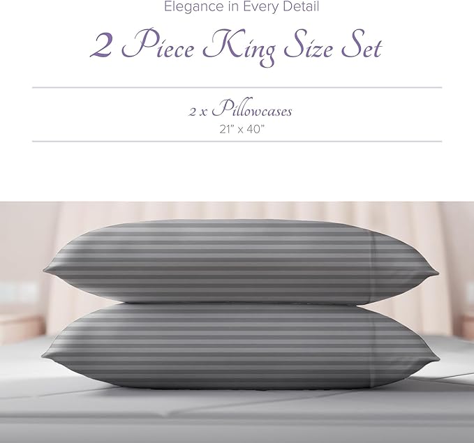 Carressa Linen 100% Egyptian Cotton King Size Pillow Cases Set of 2 - Luxury 600 Series Hydrangeas Collection Damask King Pillowcases (Dark Grey Stripe), Soft, Cooling Breathable Sateen Hotel Quality