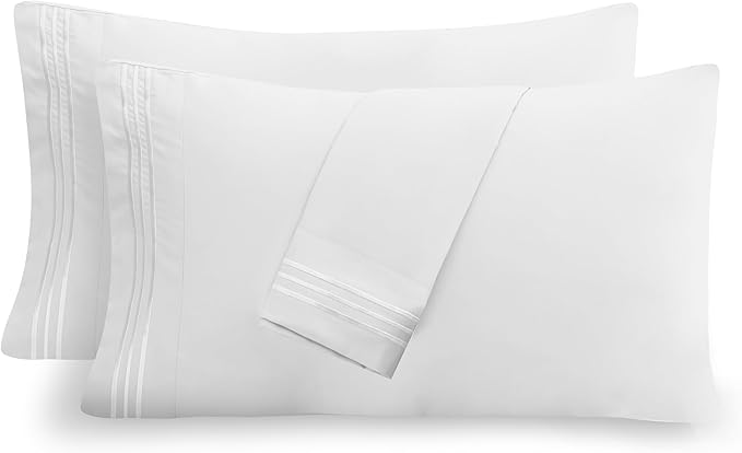 Mocassi 2-Piece Premium King Pillowcase Set 1800 Series Hotel Quality Microfiber - Soft and Breathable with 3-Line Embroidery Wrinkle and Stain Resistant, Easy Care, 20" x 40", White