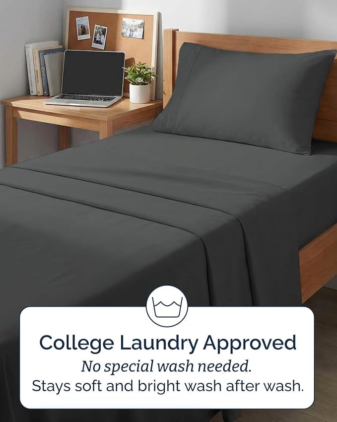 Twin XL 4 Piece Sheet Set - Comfy Breathable & Cooling - Hotel Luxury Bedding for Women, Men, Kids, Teens & Children - 1 Flat & 1 Fitted Sheet & 2 Pillowcases w/ Deep Pockets - Wrinkle Free - Charcoal