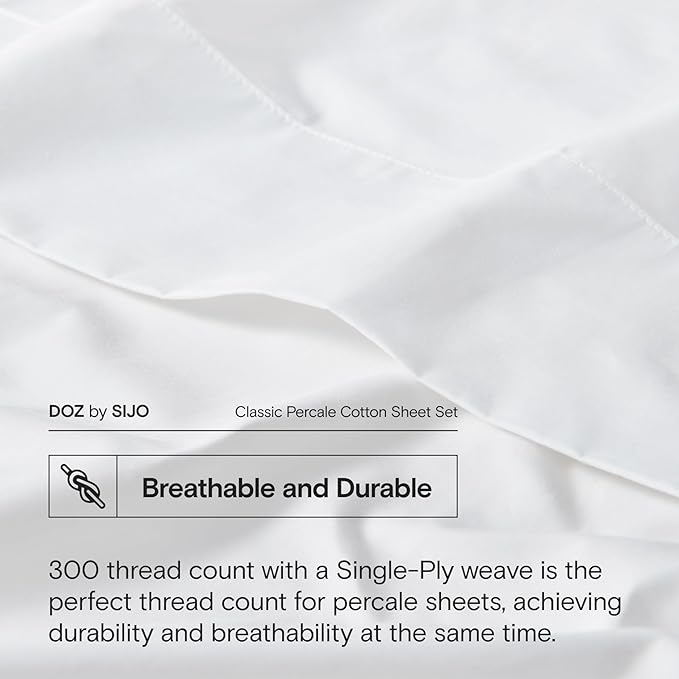 DOZ 100% Long Staple Cotton Sheet Sets, Classic Crisp Percale Weave, Breathable, Matte Finish, Hotel Style, Durable, 4pc – 2 Pillowcases 1 Fitted 1 Flat (Snow, Cal King)