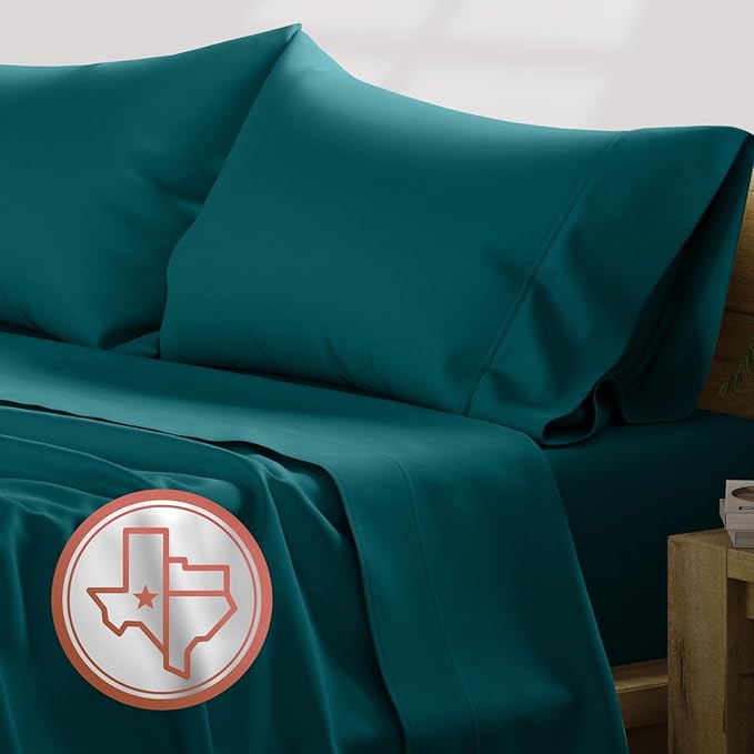 TEXAS LINEN CO. Luxury Egyptian Cotton King Size Sheet Set - Texan Talkin' Collection 600 Series 4 PC Deep Pocket Fitted and Flat Sheets, Cooling Extra Long Staple Sateen Hotel Bedding - Teal