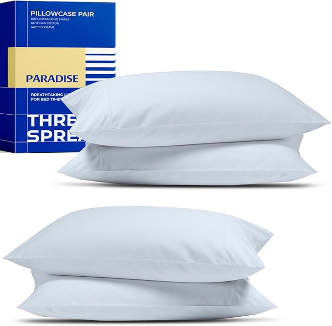 Thread Spread 100% Egyptian Cotton King Size Pillow Cases Set of 4 - Luxury 1000 Series Paradise Collection Pillow Cases King Size (Pack of 2, Light Blue), Cooling Hotel Egyptian Cotton Pillowcases