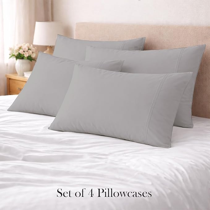 400 Thread Count 100% Egyptian Cotton Queen Size Pillowcases Set of 4, Soft & Breathable Sateen Weave, Envelope Closure, Hotel Luxury Bed Linen, Durable & Fade Resistant, 20"x30", Light Grey