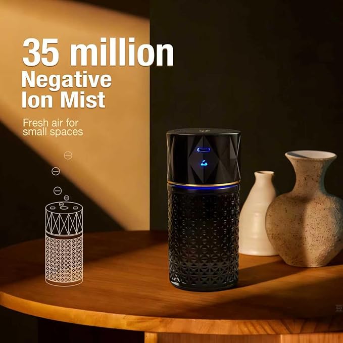 Car Diffuser Humidifier, USB Wireless Cool Mist Aromatherapy Diffuser, Mini Portable Essential Oil Air Freshener with 35 Million Negative Ion, Night Light&Auto Shut-Off (Black)