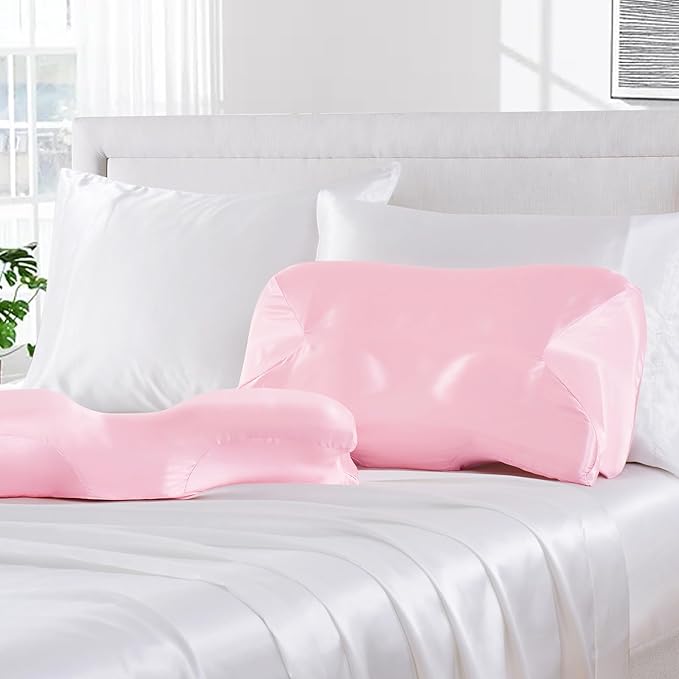 Satin Pillowcase for Cervical Pillow, Pink Silky Cervical Pillow Case Contour Pillow Case Cover with Zipper, Smooth Ergonomic Pillowcase for Neck Pillow Cover