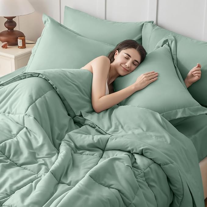 JOLLYVOGUE Twin Comforter Set, Ultra-Soft Bed in a Bag Twin Size 5 Pieces, Oeko-TEX Certified Bedding Set with Down Alternative Comforter, Sheets, Pillowcases & Shams, Sage Green
