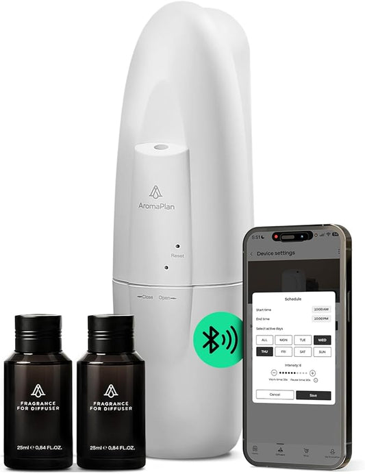 AromaPlan 5 Star Collection Plug in Diffuser (2 Fragrances Included)-Cold Air & Waterless Diffusers for Home & Office- Silent Wall Diffuser Plug in, Bluetooth App Control, 1000 sq. ft (White)