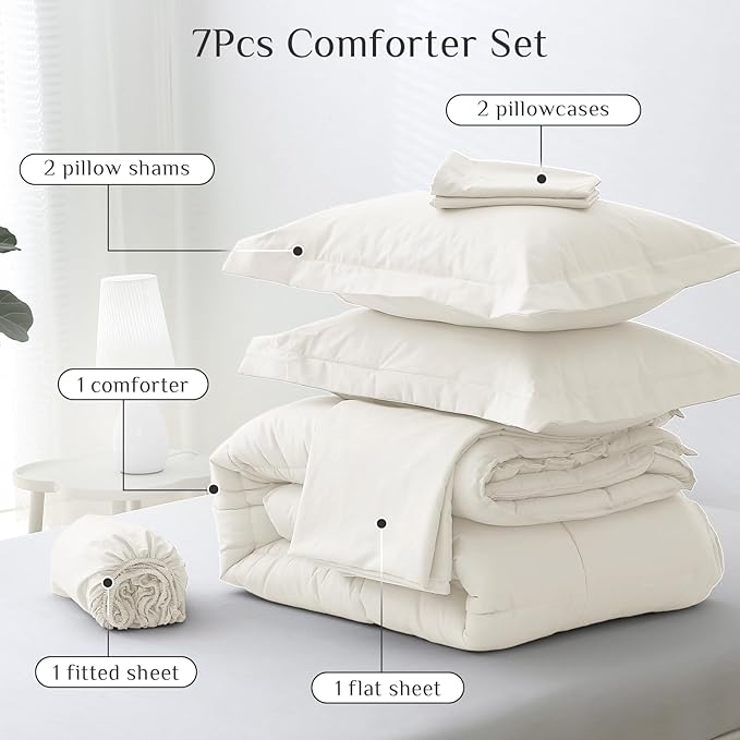 JOLLYVOGUE Full Comforter Set, Ultra-Soft Bed in a Bag Full Size 7 Pieces, Oeko-TEX Certified Bedding Set with Down Alternative Comforter, Sheets, Pillowcases & Shams, Ivory