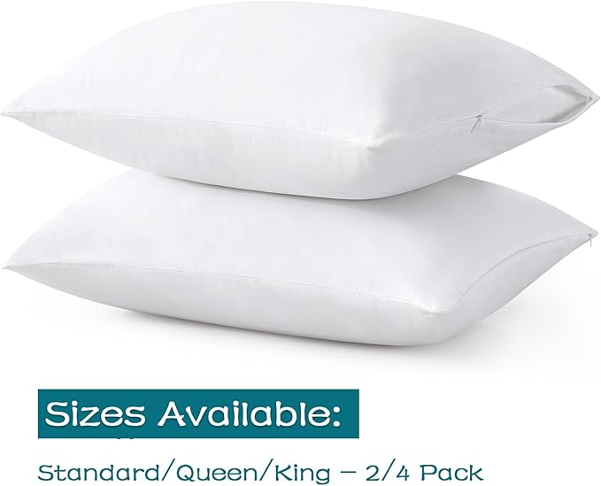100% Cotton Zippered Pillow Cases King Size Set of 4, Super Soft & Breathable Pillow Protectors with Zipper, White Pillow Case Covers 20x36 Inches