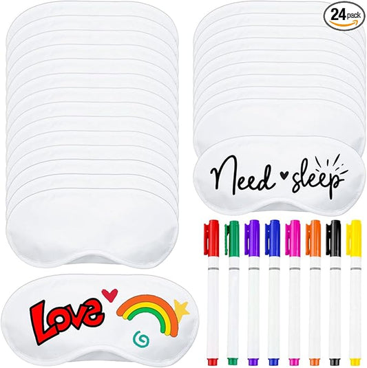 24 Pieces White Eye Mask Sleep Sublimation Coverings with 8 Pieces Fabric Marker Pens, Shade Blindfold Eye Masks for Sleeping Travel Team Game Sleepover Party Supply(White)