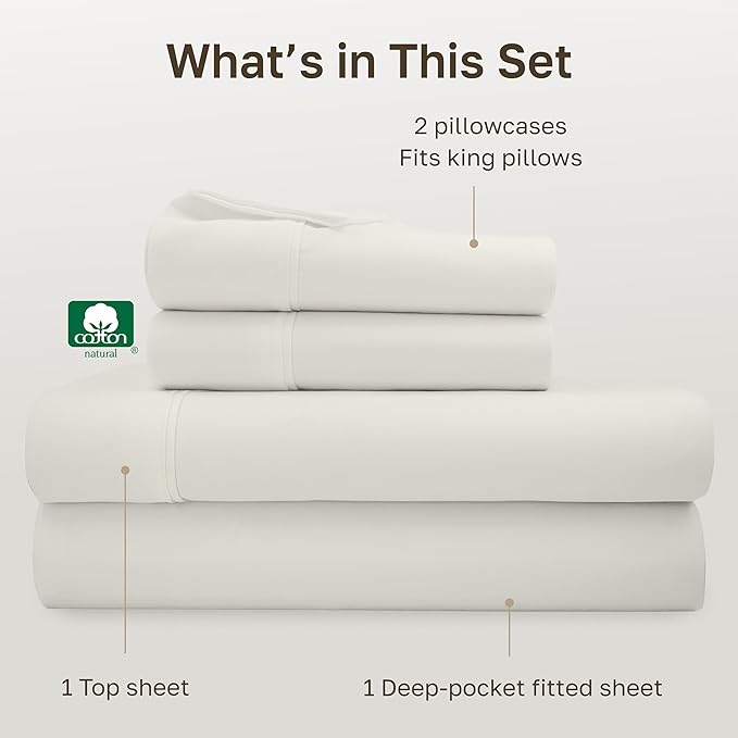 California Design Den Soft 100% Cotton King Sheet Set, 400 Thread Count Good Housekeeping Award Winner, Silky Sateen Weave with Deep Pockets, Long Staple Cotton Bed Sheet Set - Ivory (Pale Tone)
