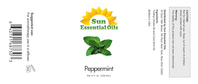 Sun Essential Oils - Peppermint Essential Oil (8 oz) with Dropper for Diffuser, Humidifier, Skin & Aromatherapy Body Massage, Candle & Soap Making for Home