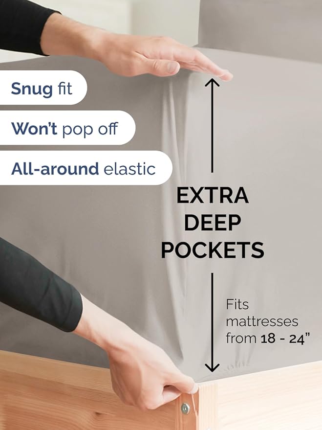 Extra Deep Queen Sheet Set - 4 Piece Breathable & Cooling Bed Sheets - Easily Fits 18 to 24 inch Mattress - Ultra Soft, Wrinkle & Fade Free w/ Extra Deep Pockets - Hotel Luxury Bedding - Light Grey