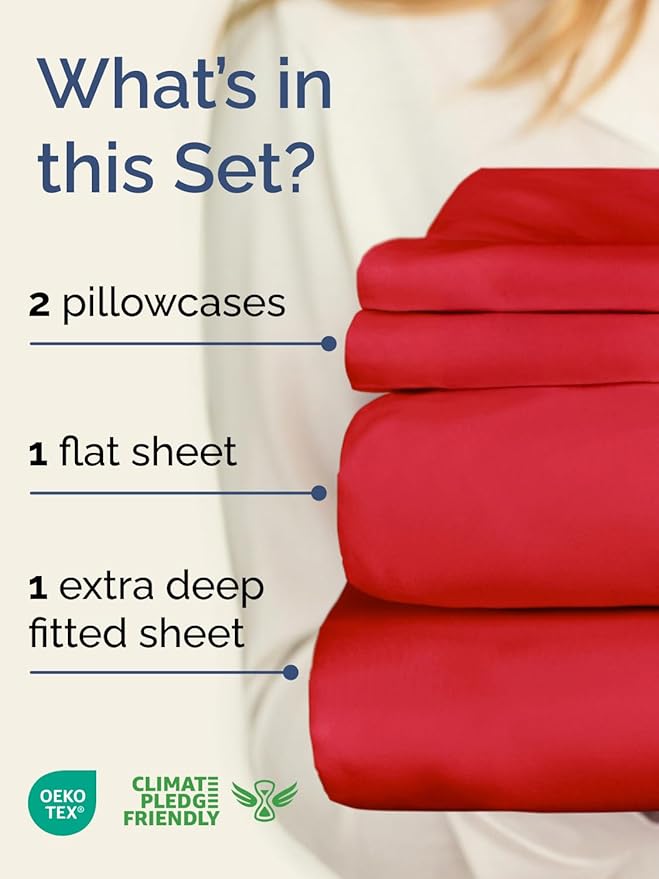 Extra Deep King Sheet Set - 4 Piece Breathable & Cooling Bed Sheets - Easily Fits 18 to 24 inch Mattress - Ultra Soft, Wrinkle & Fade Free with Extra Deep Pockets - Comfy Hotel Luxury Bedding - Red