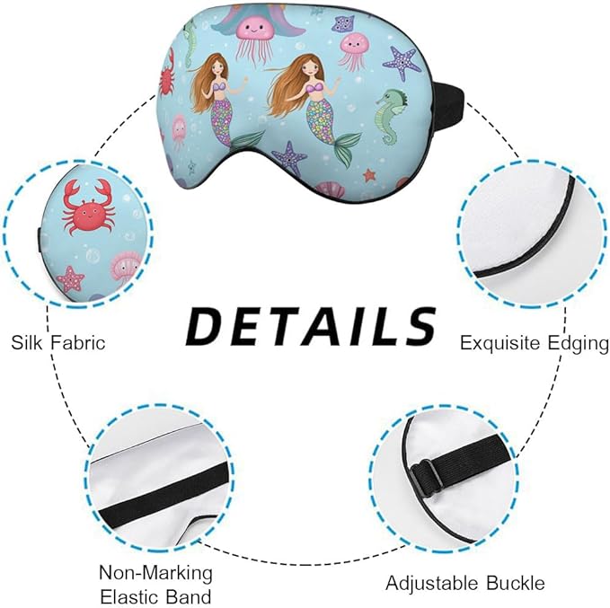 Sea Wildlife Sleep Eye Mask Mermaid Seahorse Fishes Starfish Crab Jellyfish Cartoon Silk Eye Mask Sleeping Soft Eye Shade Cover for Men Women Boy Girl Airplane Travel