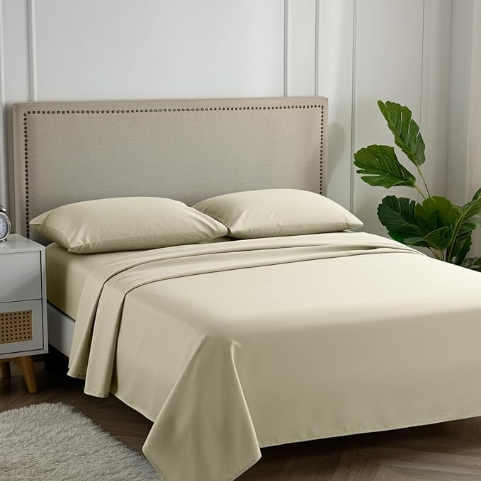 Carressa Linen 100% Egyptian Cotton Queen Sheet Set - 600 Series Hydrangeas Collection Egyptian Cotton Queen Sheets Set (4 PC, Sand), 16" Deep Pocket Sateen Weave Luxury Hotel Bed Sheet