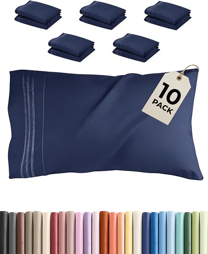 Standard Pillow Cases Set of 10 - Ultra Soft Hotel Quality Pillowcase Covers - Comfy, Cozy & Wrinkle Free - Shrink, Stain & Fade Resistant - Machine Washable Pillow Protectors - 10 Pcs Set - Navy Blue