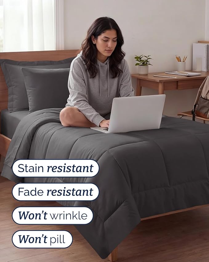 Twin XL Comforter Set - 5 Piece Bed in a Bag Twin XL Size Bed Set - Down Alternative Comforter, Flat Sheet, Fitted Sheet, Pillowcase & Sham for All Seasons - Ultra Soft, Comfy, Breathable - Dark Grey