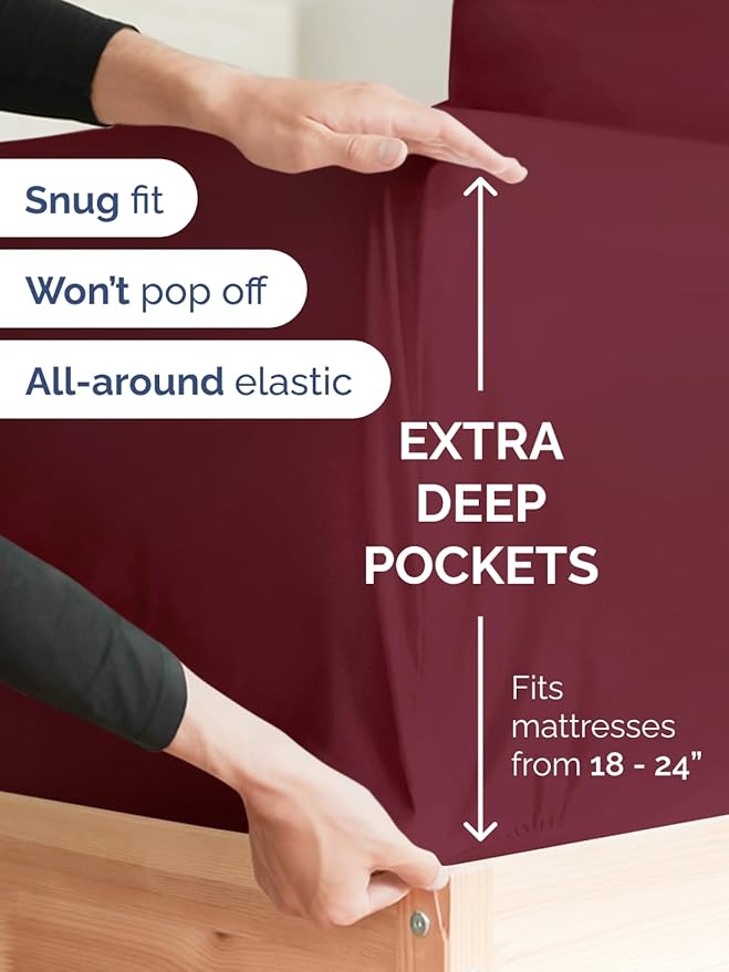 Extra Deep Split King Sheet Set - 7 Piece Breathable and Cooling Sheets - Hotel Luxury Bedding for Women, Men, Kids & Teens - Easy & Secure Fit - Soft and Wrinkle Free - Extra Deep Pockets - Burgundy