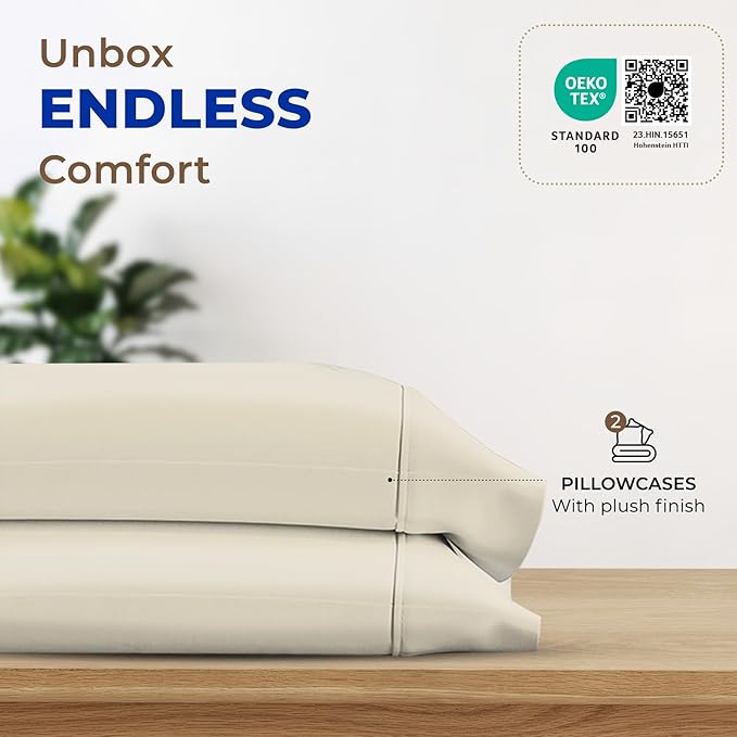 Thread Spread 100% Egyptian Cotton Pillow Cases Queen Size Set of 2 - Luxury 1000 Series Paradise Collection Queen Pillow Cases (Ivory), Soft Cooling Sateen Hotel Egyptian Cotton Pillowcases